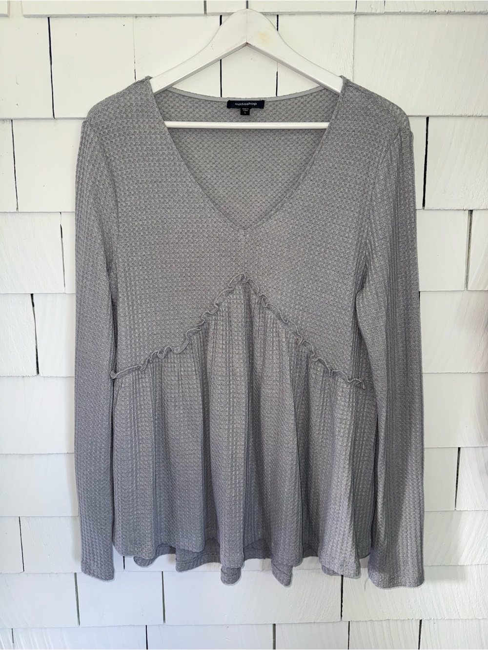 mittoshop Gray V-Neck Long Sleeve Ruffled Peplum Top